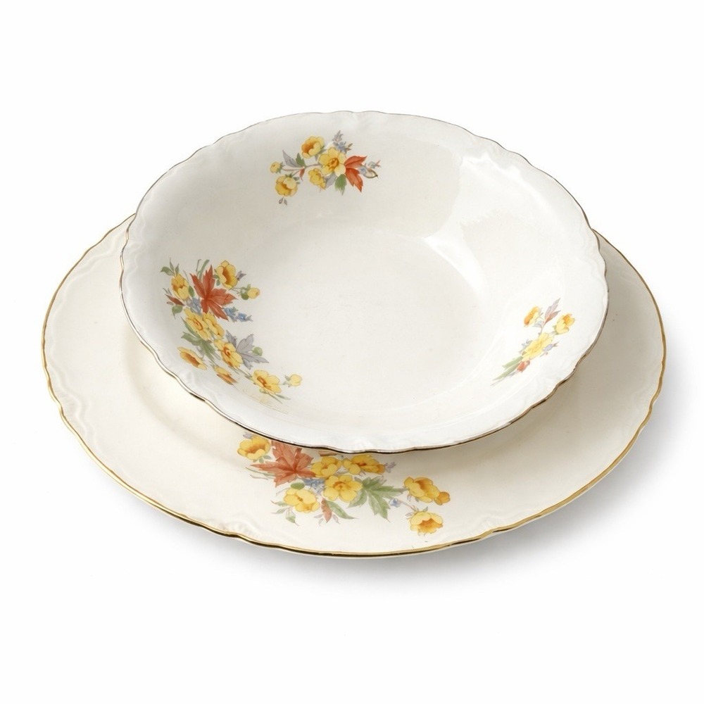Vintage Homer Laughlin Eggshell Floral Serving Bowl Platter Set Gold Trim USA